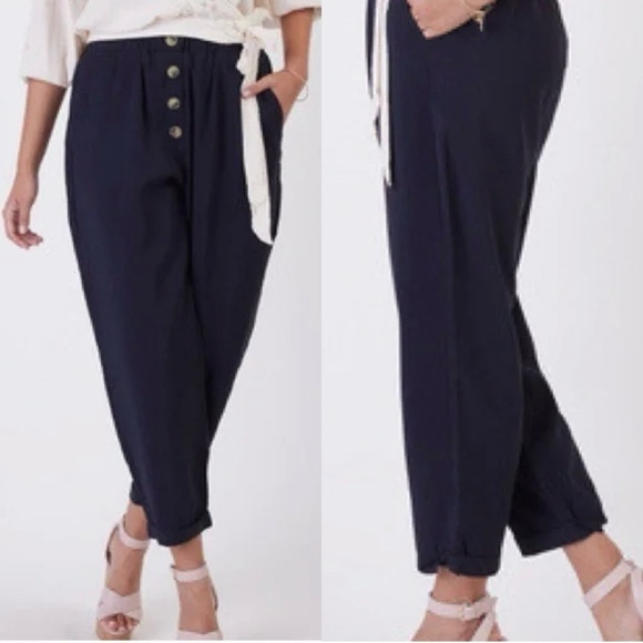 Dex Paperbag Waist Tencel Trousers Joggers Pants Navy Tortoiseshell Buttons Sz S - Picture 1 of 14
